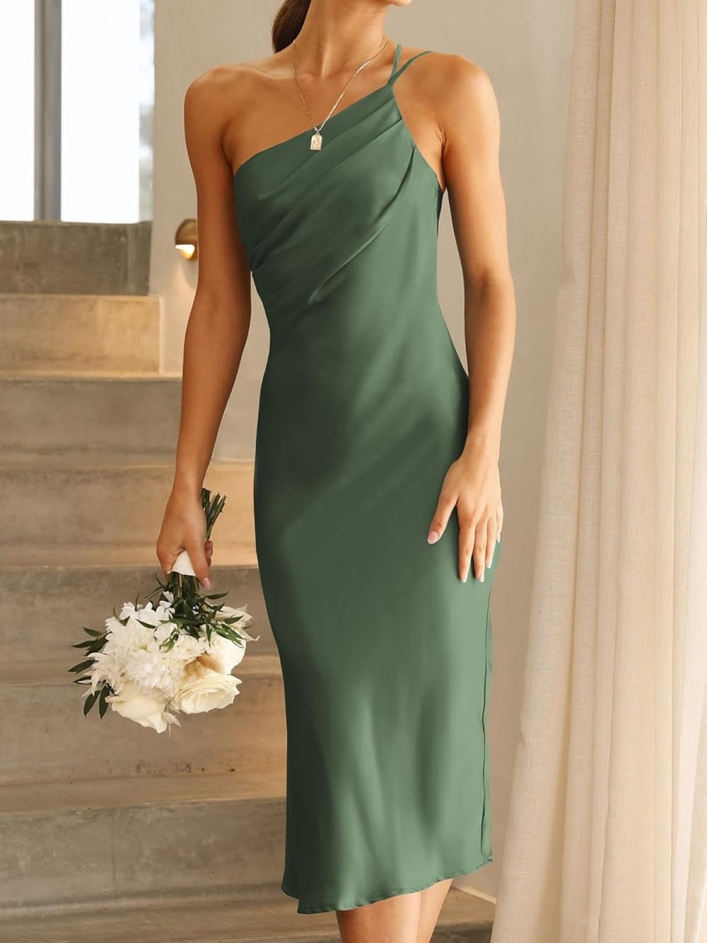 Sage Green One-Shoulder Asymmetrical Slip Dress